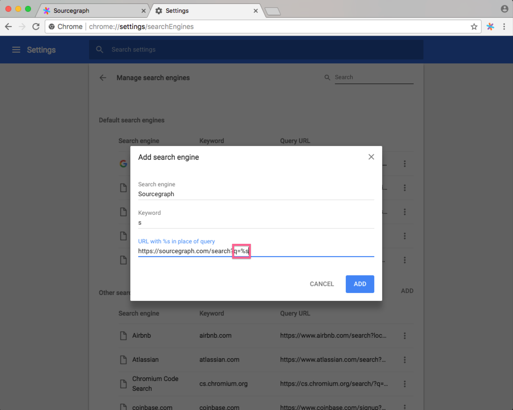Browser search engine shortcuts sourcegraph docs